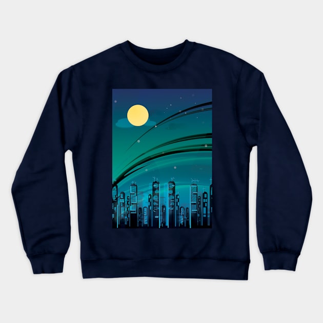 Blue City Night Moon Crewneck Sweatshirt by CatCoconut-Art